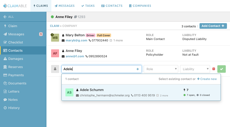 A screenshot showing how to add contacts to a claim within the Claiamble interface.