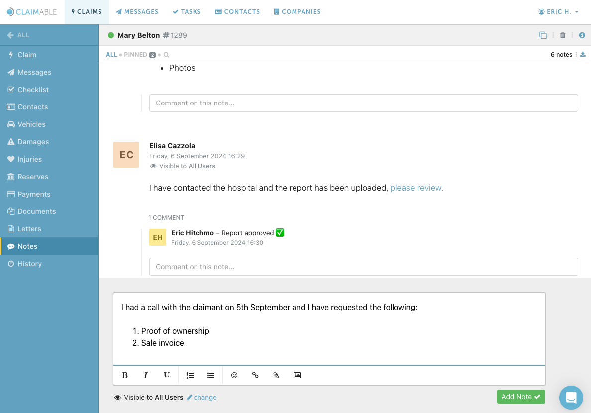 An overview of notes added to a claim.