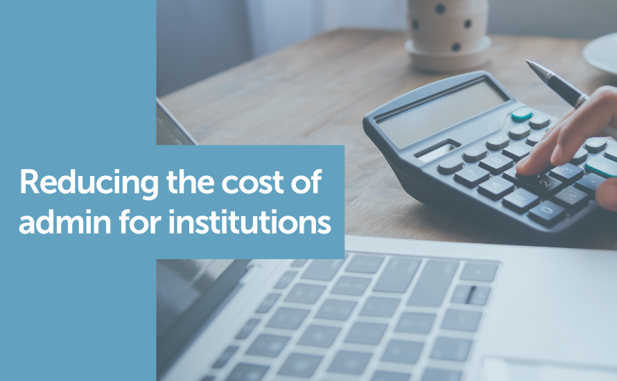 A calculator being used with the writing Reducing the cost of admin for institutions. Claimable claims management software.