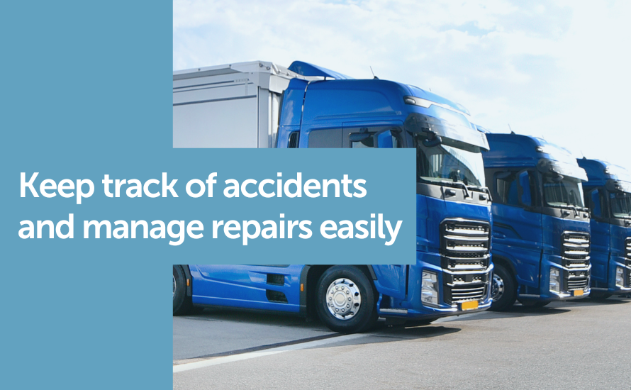 A fleet of trucks with the writing Keep track of accidents and manage repairs easily. Claimable claims management software.