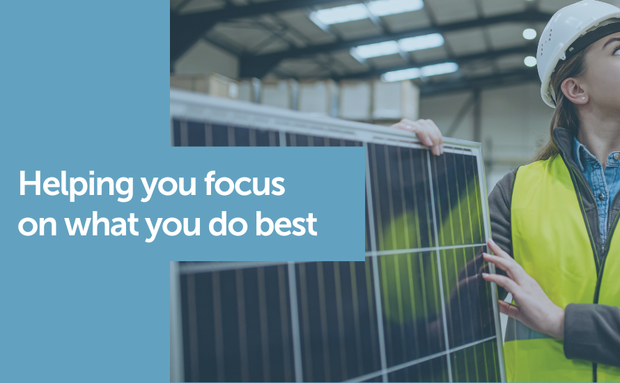 A worker holding a solar panel with the writing Helping you focus on what you do best. Claimable claims management software.